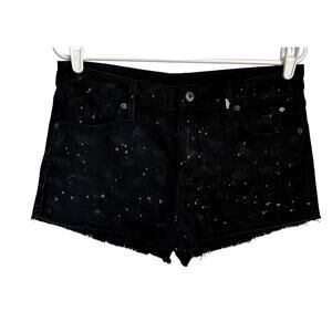 Women's Harley-Davidson Black Denim Short Paint Splatter Raw Hem Jean Shorts 30‎